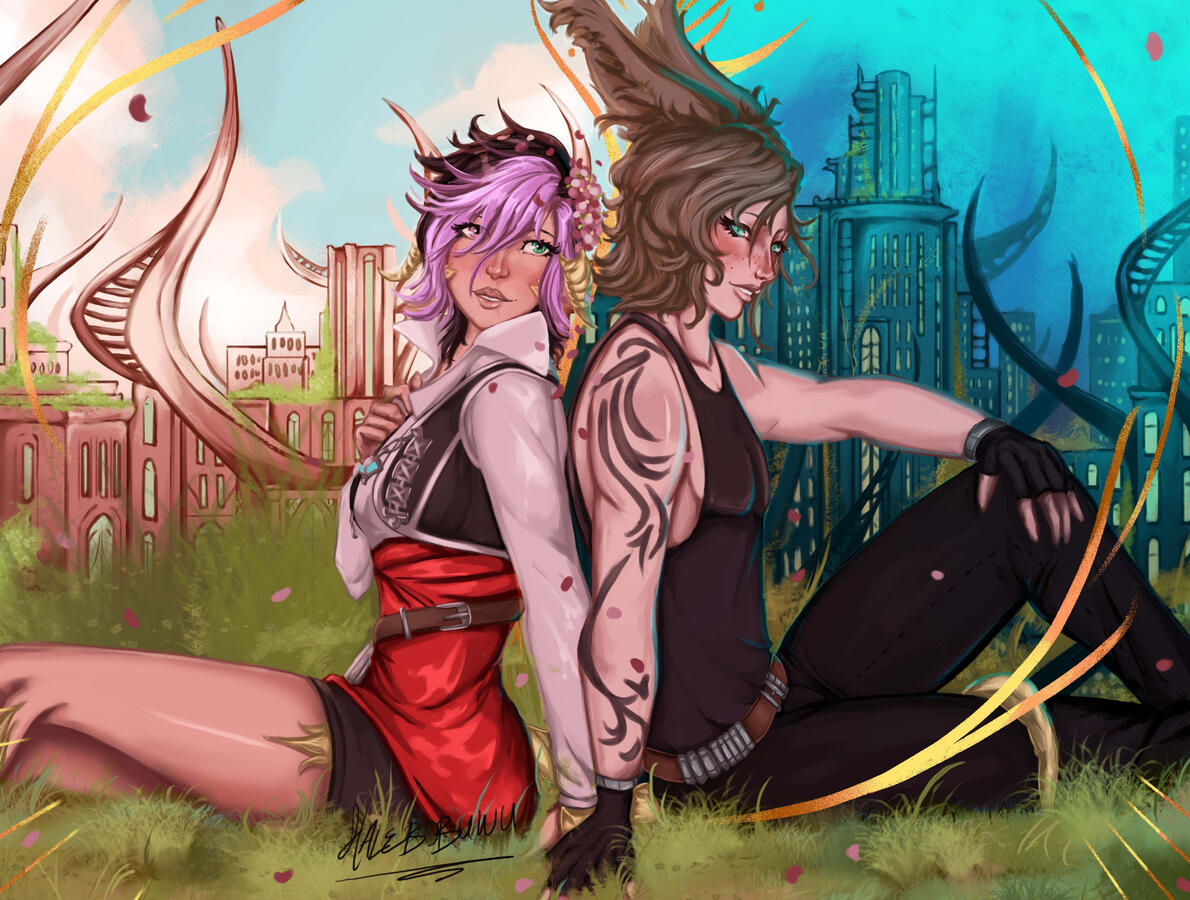 Fully rendered character illustration with detailed background