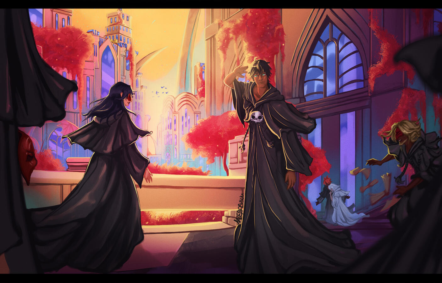 Illustration with detailed background, multiple characters